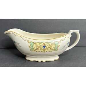 Canonsburg Pottery Keystone Gravy Boat Handled Floral Green Yellow Scroll READ